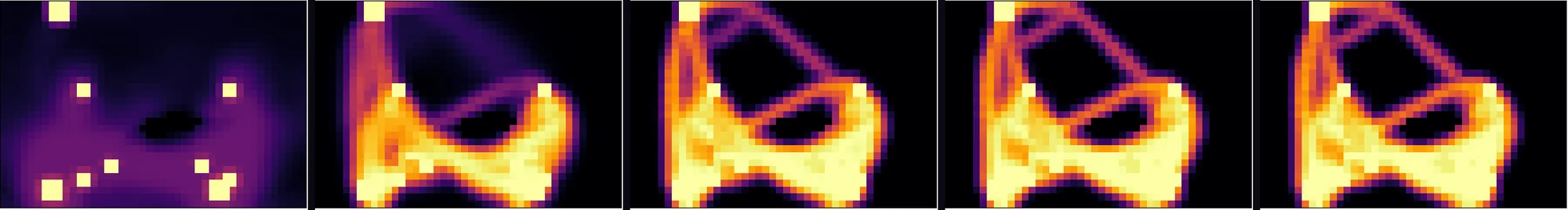 The optimiser at iterations 1, 6, 15, 30 and 50