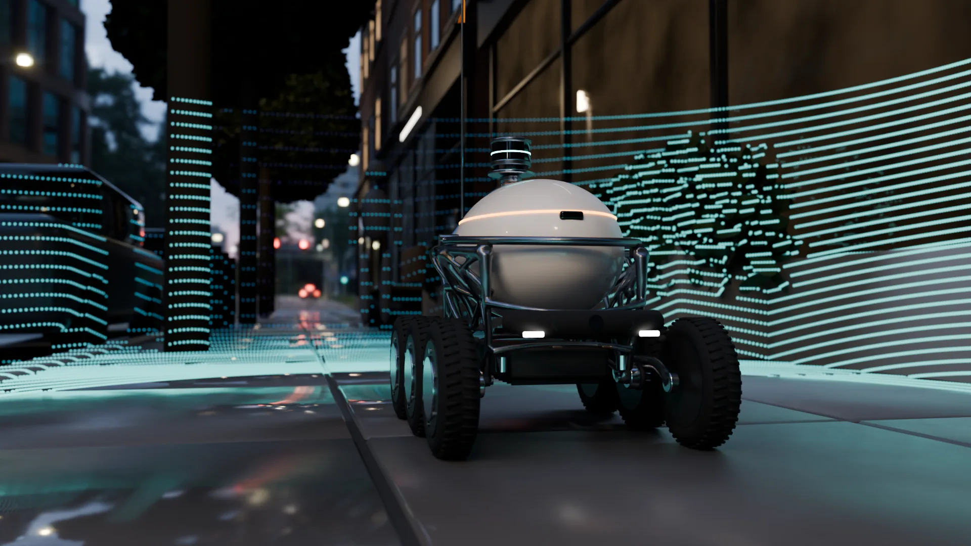 Herrand on a city pavement at dusk, the street around it traced in cyan lidar scan lines