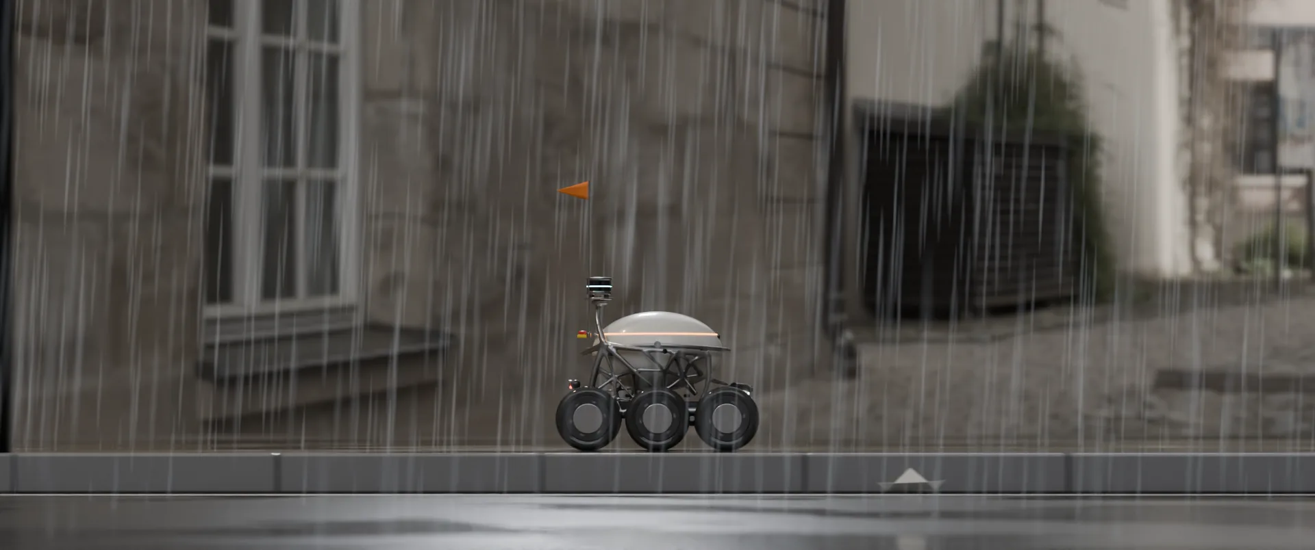 Herrand in heavy rain on an old stone street