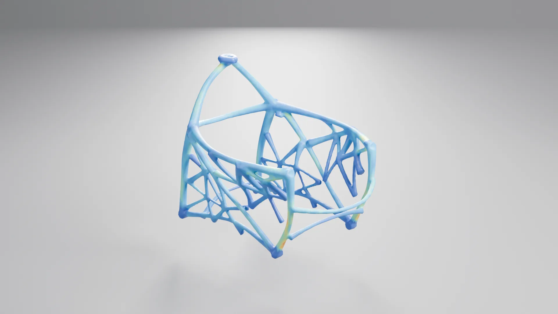 The frame coloured by von Mises stress from the FE run, blue low to red high