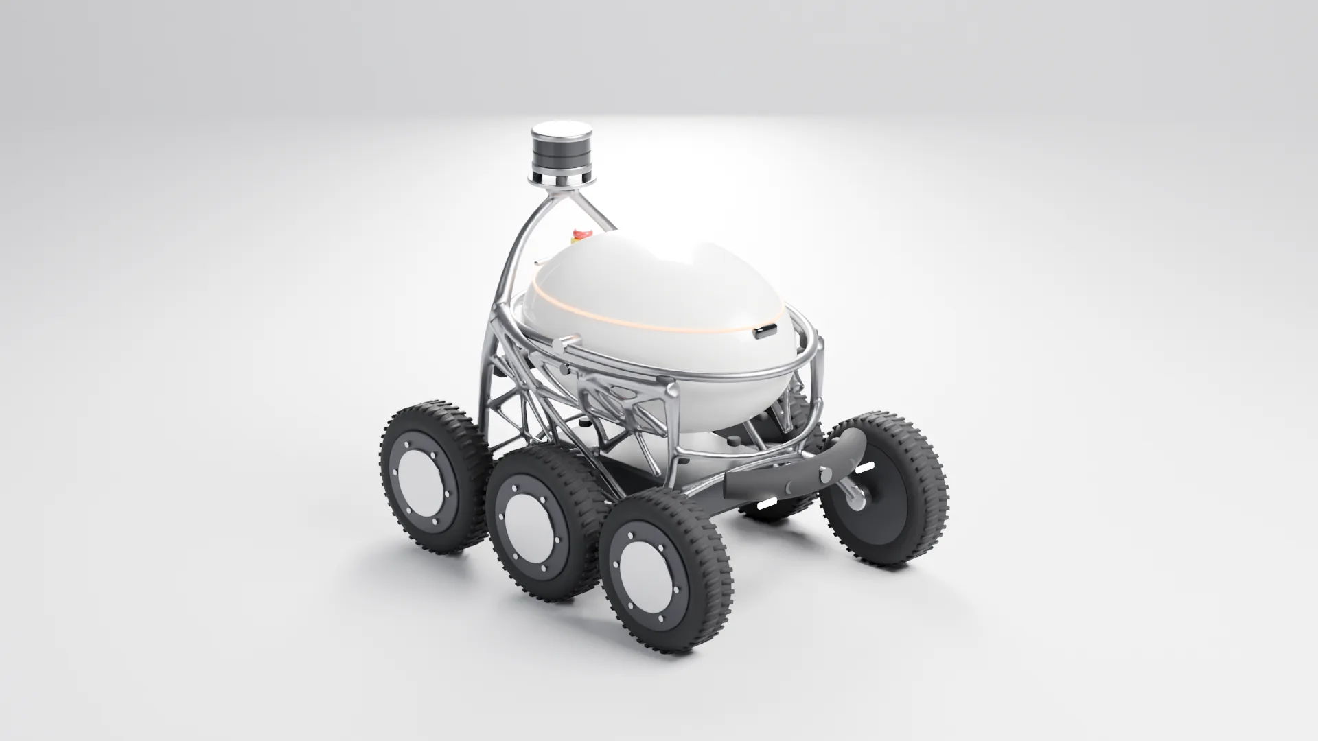 Herrand in a light studio, front three-quarter view: a white egg-shaped cargo pod in a cast aluminium frame on six wheels, a small chrome badge on the nose