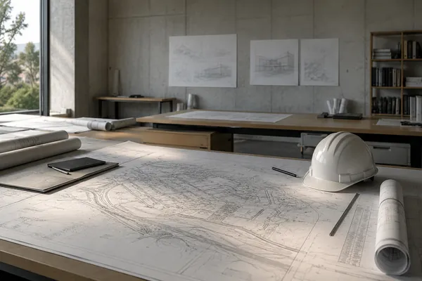 A civil design studio: a large site plan unrolled across a drafting table with a white hard hat, a scale rule and rolled drawings beside it.