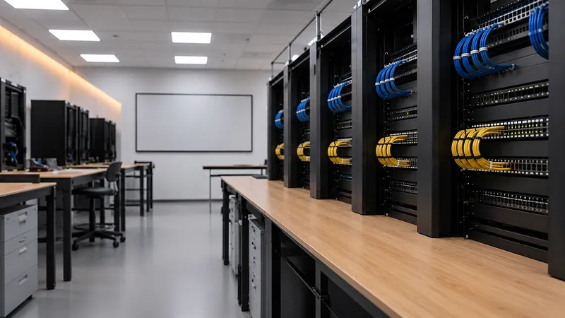 A networking and cyber security teaching lab: rack-mounted patch panels with blue and yellow cabling down one wall, bench workstations and a whiteboard along the other.